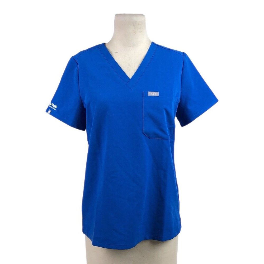 Figs Scrub Top Blue Uniform Shirt Technical Collection Medical Logo Size Small